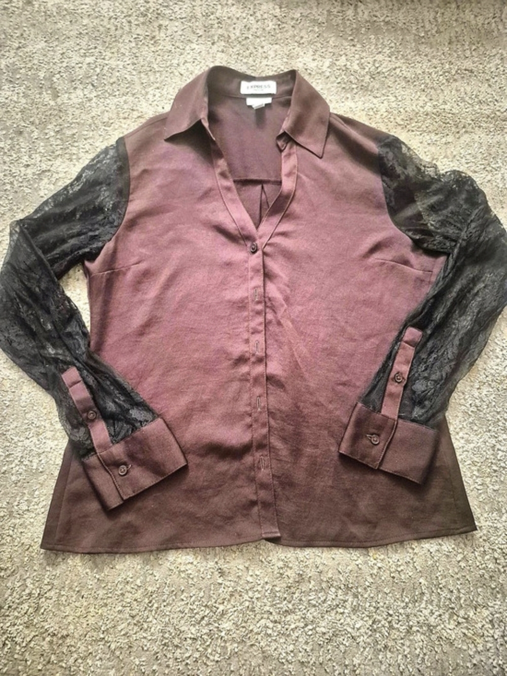 Express Portofino Satin Lace Trim Button Down Shirt Maroon & Black Small
